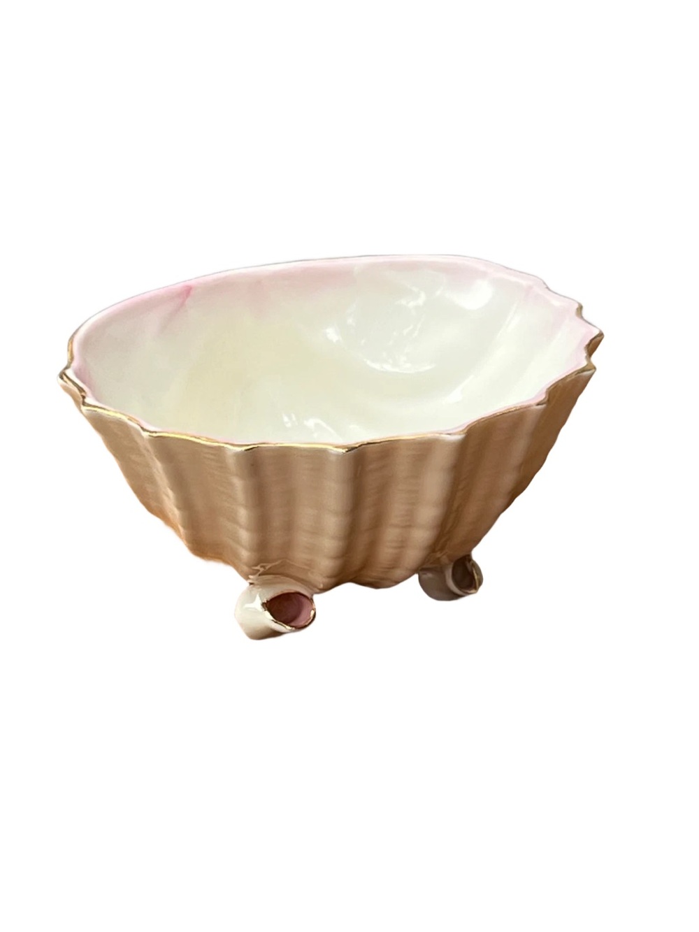 Vtg BELLEEK China Ireland Shell Embossed Gold Trim Pink NEPTUNE Footed